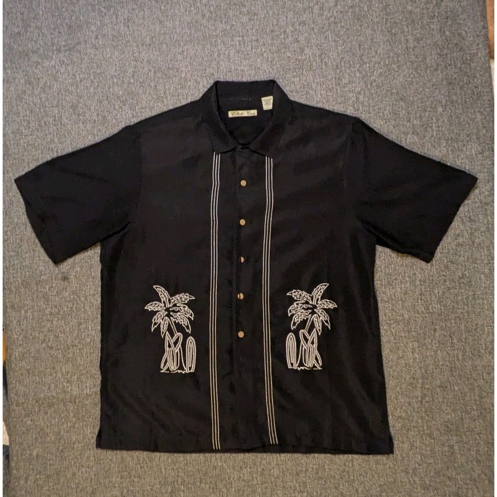 Vintage Batik Bay Men's Black Palm Tree Logo Button Up Hawaiian Shirt Size Large